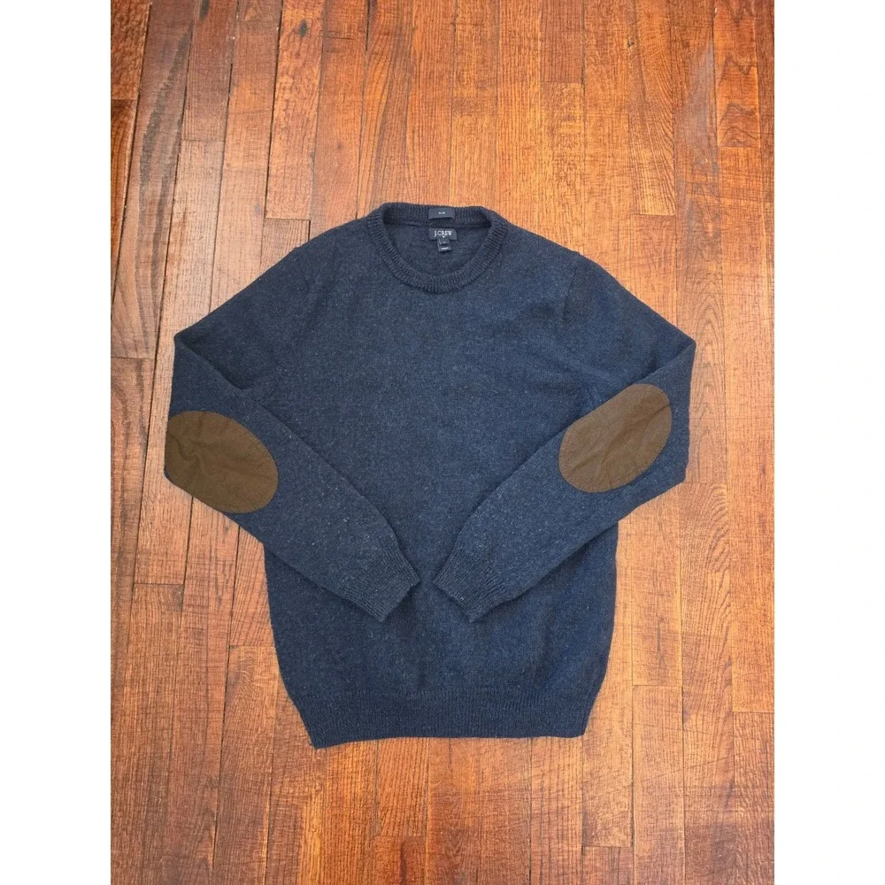 J.Crew Wool Elbow Patches Preppy Old Money British Navy Blue Slim Sweater S-M